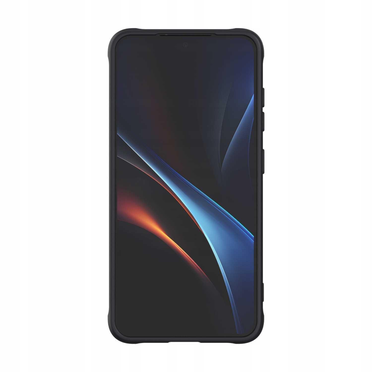 Czarny telefon w czarnym etui. Ekran pokazuje ciemny wzór z niebieskimi i pomarańczowymi akcentami.