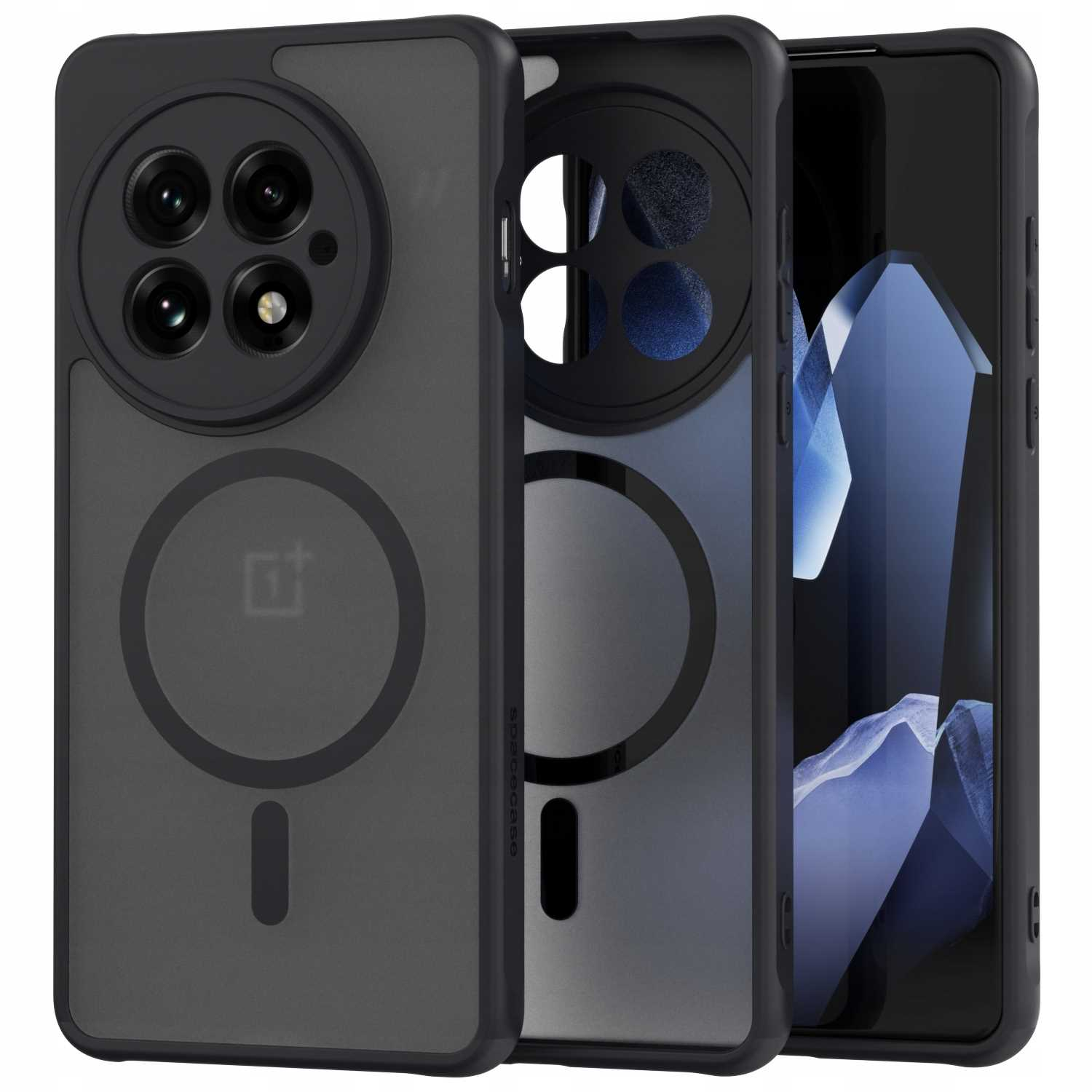 Czarne etui na telefon z telefonem w środku i innym pustym elementem. Etui ma logo.