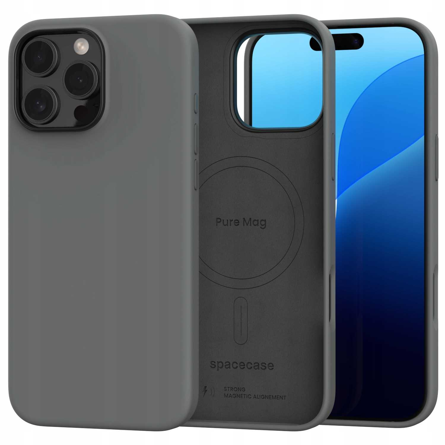 Szare etui na telefon z telefonem w środku i innym elementem. Etui jest otwarte z logo marki.