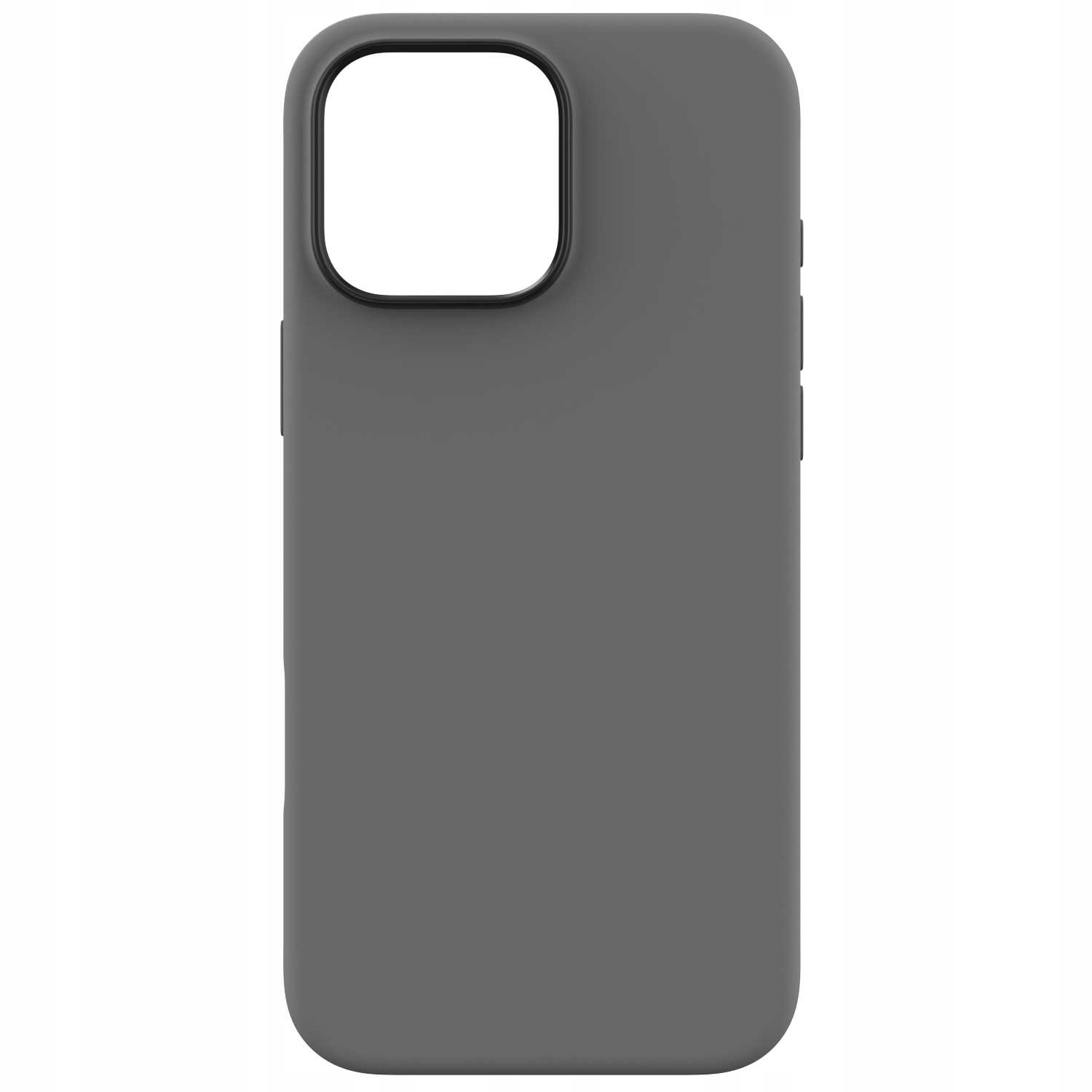 Zwykłe szare etui na telefon. Etui ma wycięcie na aparat. Tło jest białe.