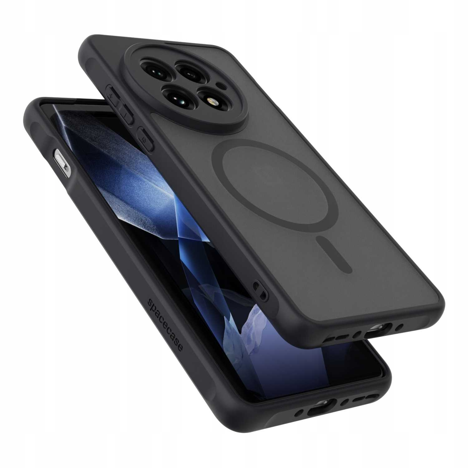 Czarne etui na telefon z telefonem w środku i innym elementem. Etui ma logo.