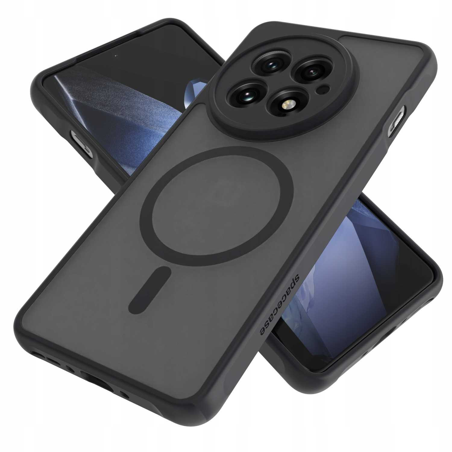 Czarna obudowa telefonu z telefonem. Obudowa ma szary tył z okręgiem i minusem.