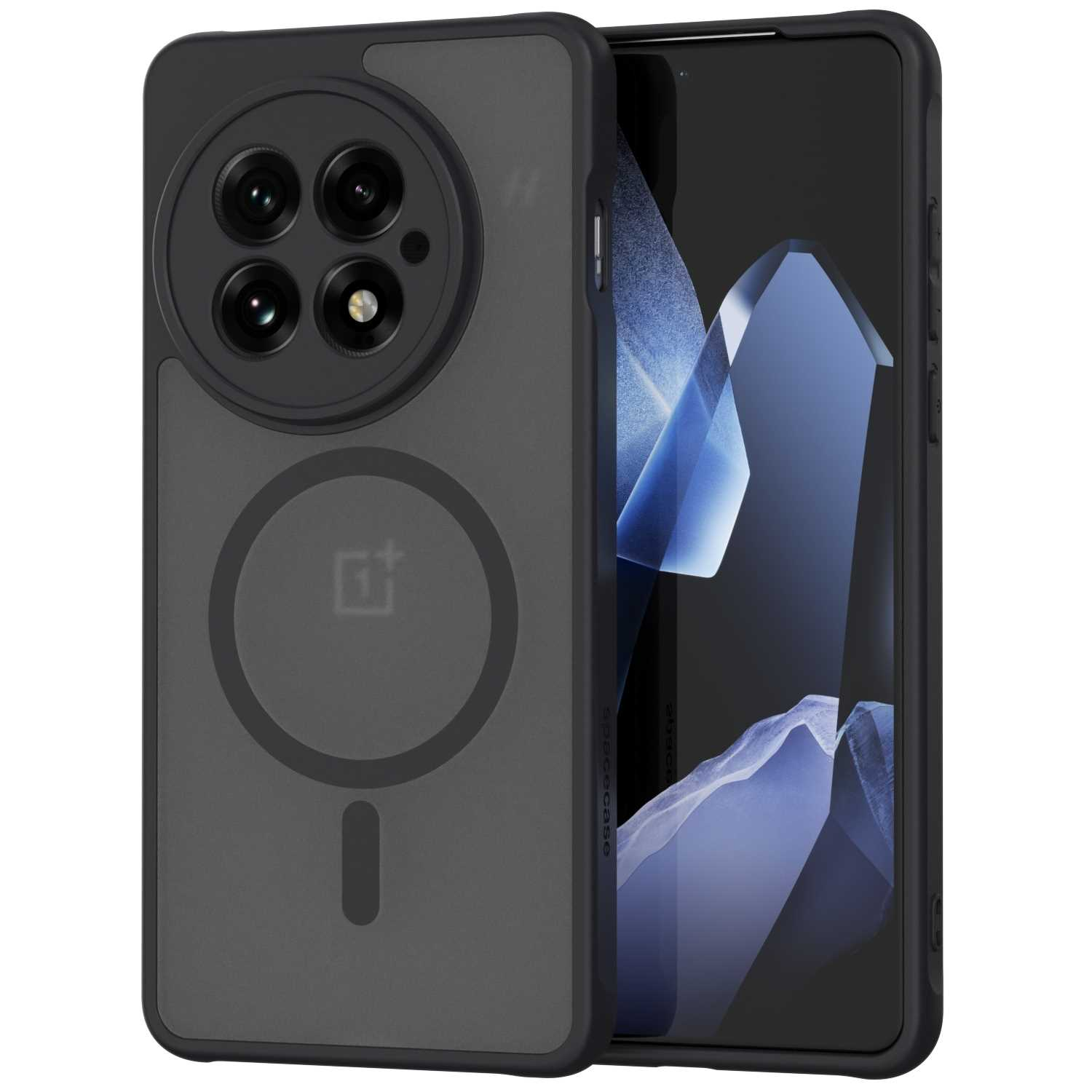 Czarne etui na telefon z telefonem w środku i innym elementem. Etui ma logo.