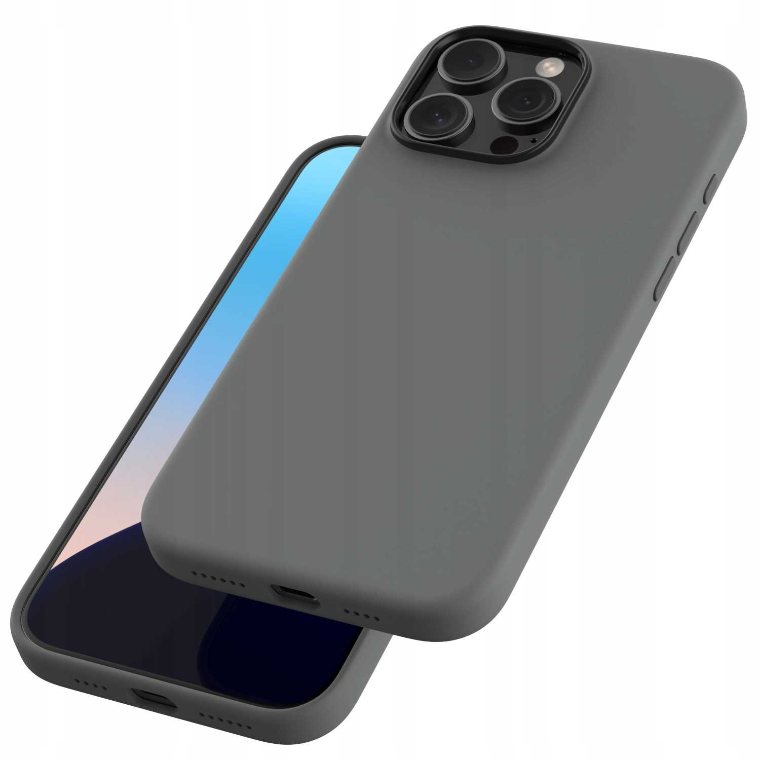 Szare etui na telefon z telefonem w środku. Etui znajduje się na białym tle.