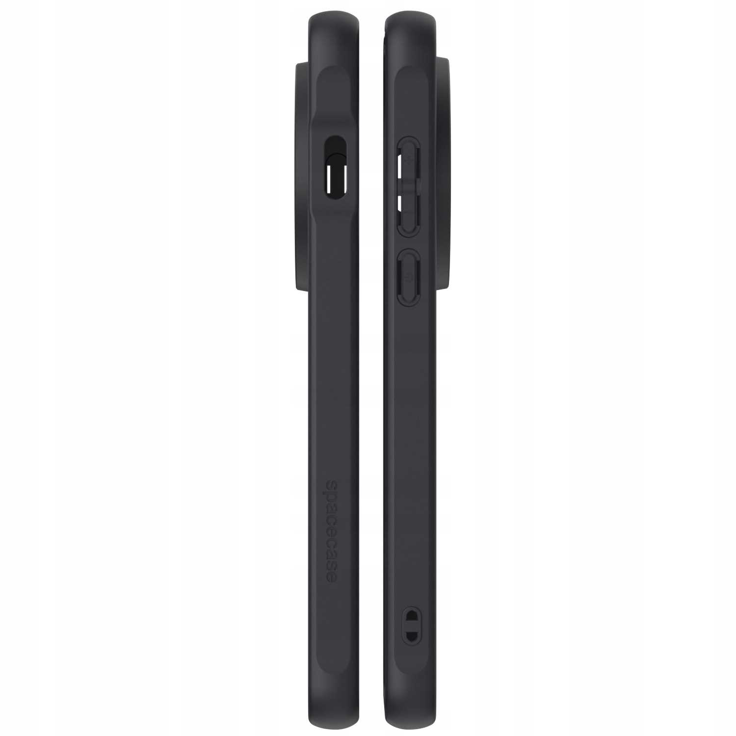 Dwa czarne etui na telefon, widok z boku. Widoczne jest logo spacecase.