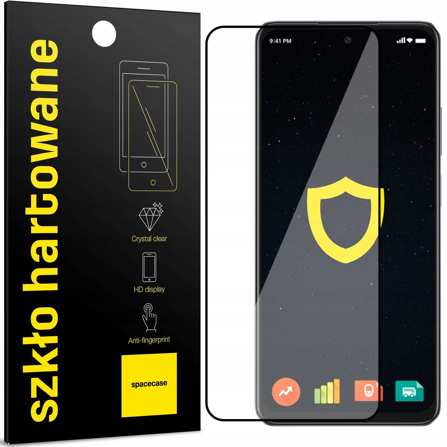 Telefon z ochraniaczem ekranu. Ekran wyświetla ikonę tarczy na gwieździstym tle.