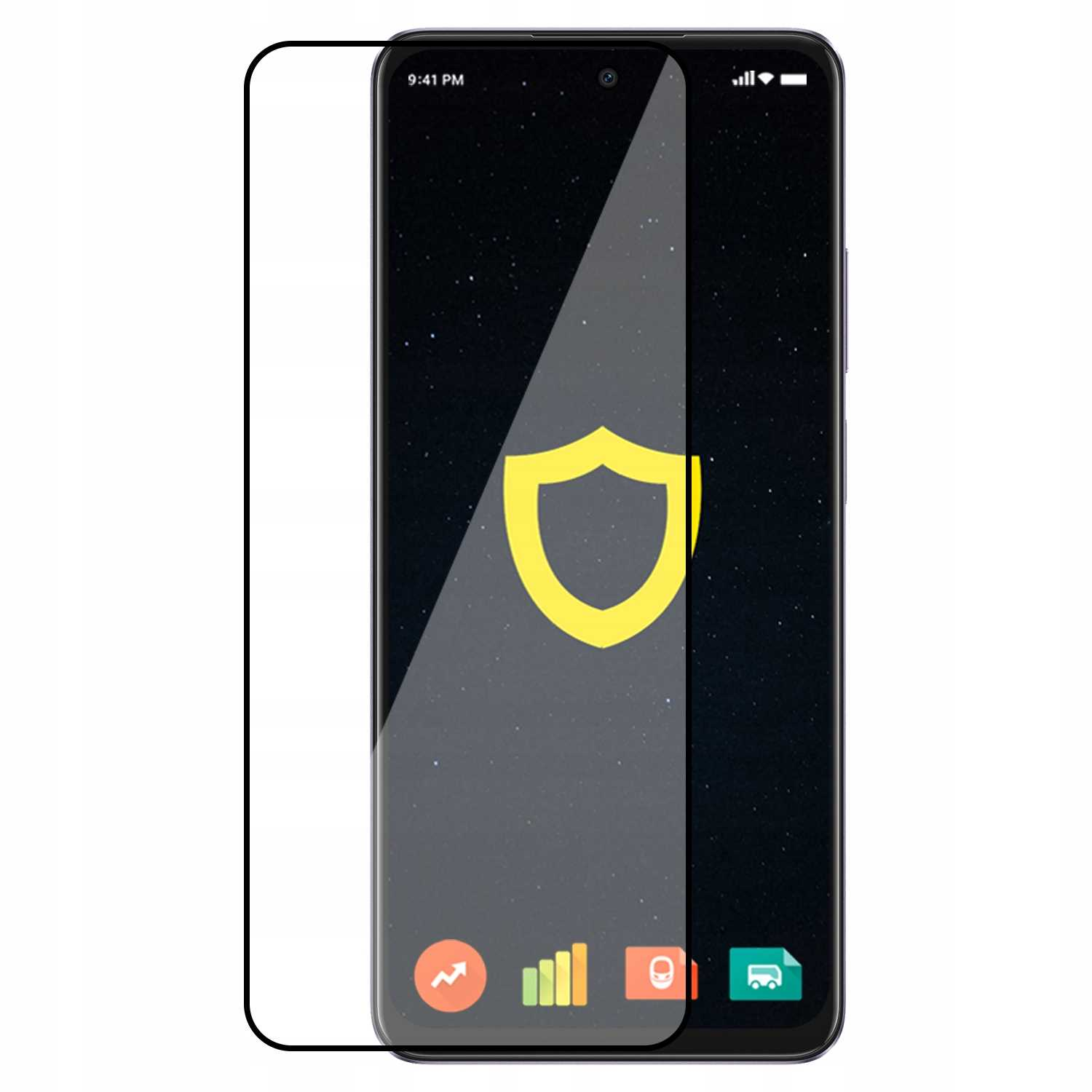 Telefon z ochraniaczem ekranu. Ekran pokazuje gwieździste tło z ikoną tarczy.