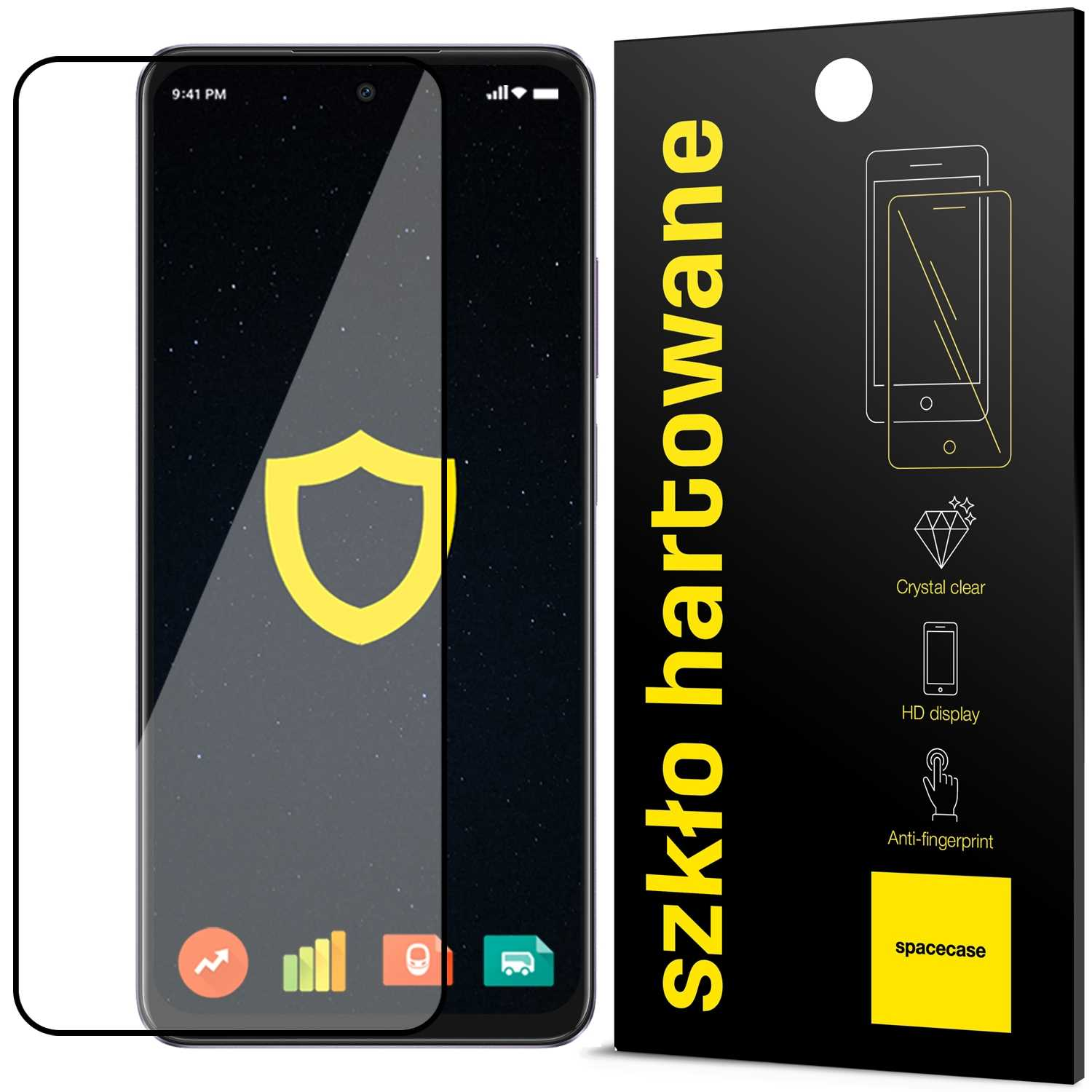 Ochraniacz ekranu telefonu i jego opakowanie z tekstem i ikonami.