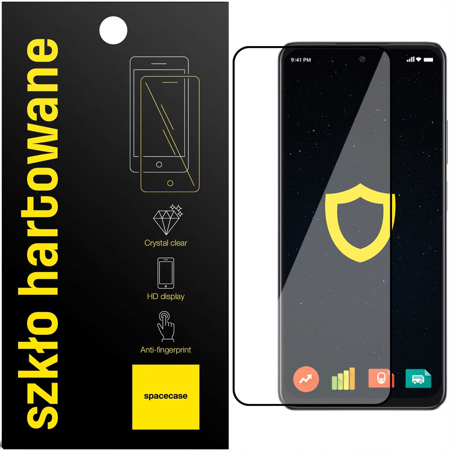 Telefon z ochraniaczem ekranu i opakowaniem. Opakowanie ma żółty tekst.