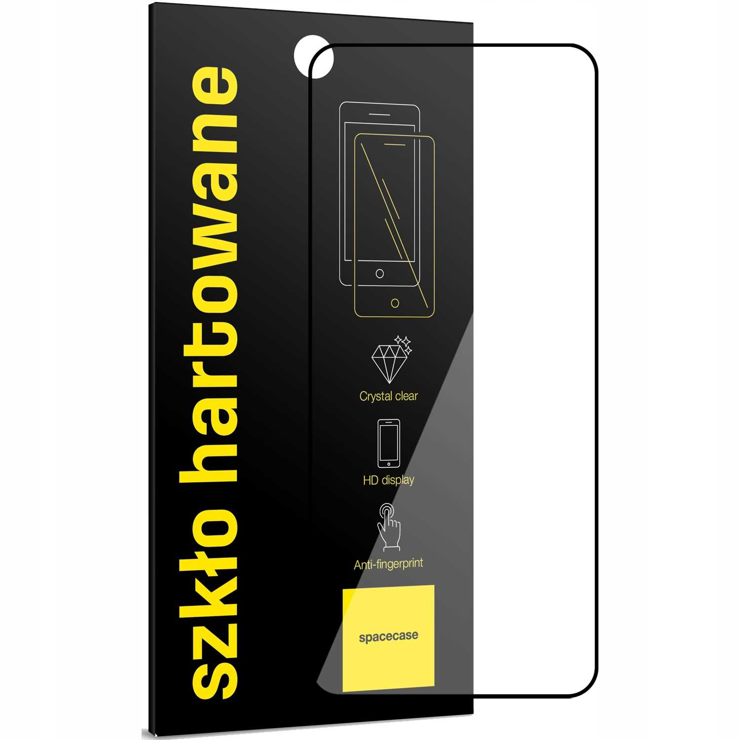 Ochrona ekranu do telefonu na czarnej karcie. Widoczny tekst 'szkło hartowane'.