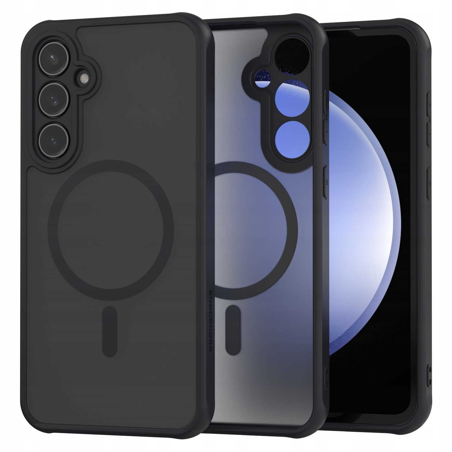 Trzy czarne etui na telefony ułożone jedno na drugim. Jedno z ekranem, jedno z szarym tyłem i okręgiem, i jedno przezroczyste.