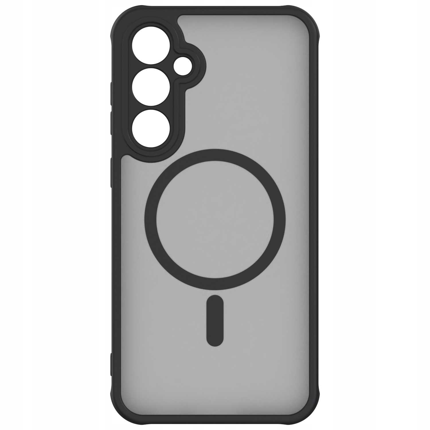 Etui na telefon z czarną ramką i szarym środkiem. Ma okrągły wzór na środku.