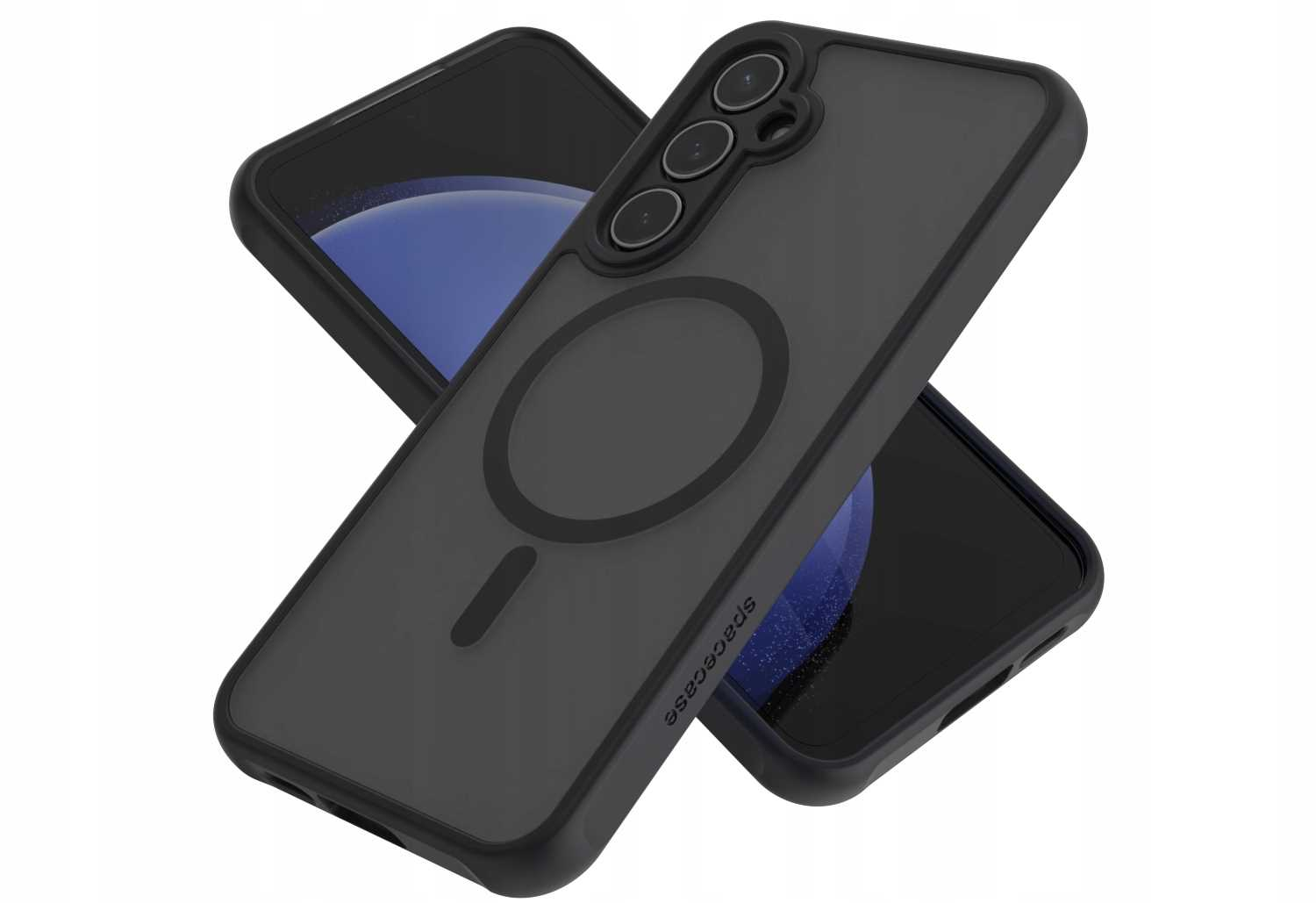 Dwa telefony i czarne etui. Etui ma sekcję aparatu i okrągły magnes.