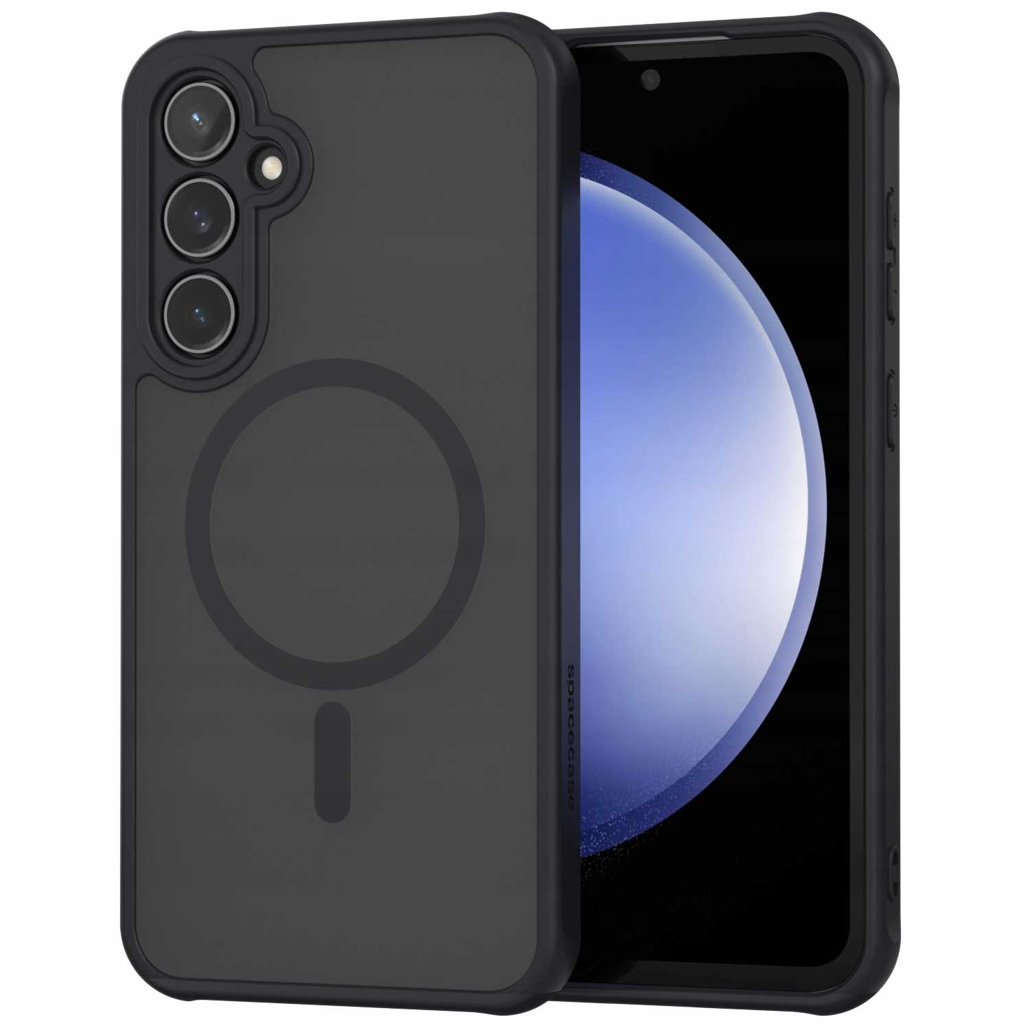 Czarny pokrowiec na telefon z trzema obiektywami, magnetycznym okręgiem i nazwą marki Spacedase.
