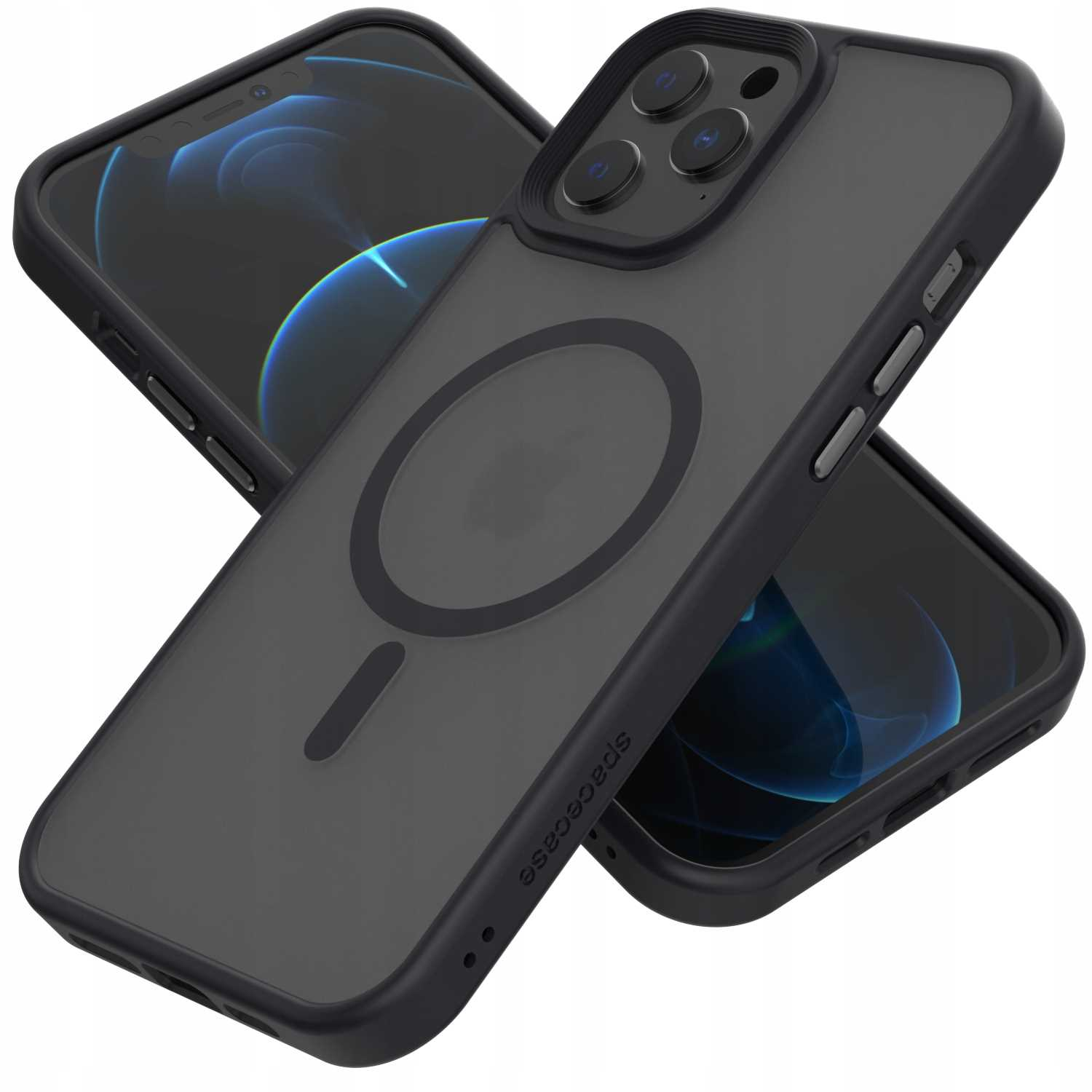 Dwa telefony z czarnymi obudowami, jeden z przezroczystym okręgiem MagSafe, ułożone jeden na drugim.