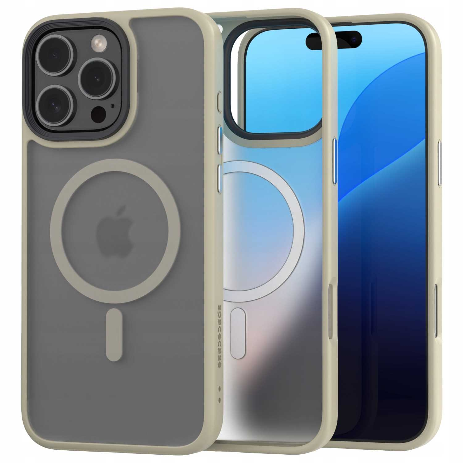 Trzy etui na iPhone'a: beżowe i szare, przezroczyste i telefon. Widoczne logo Apple.