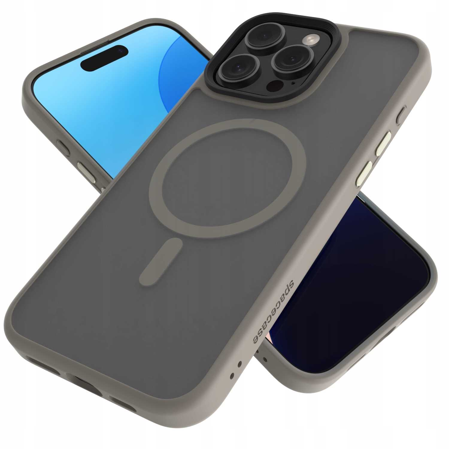 Ciemnoszare etui na telefon z magnetycznym okręgiem i telefon z niebieskim ekranem.