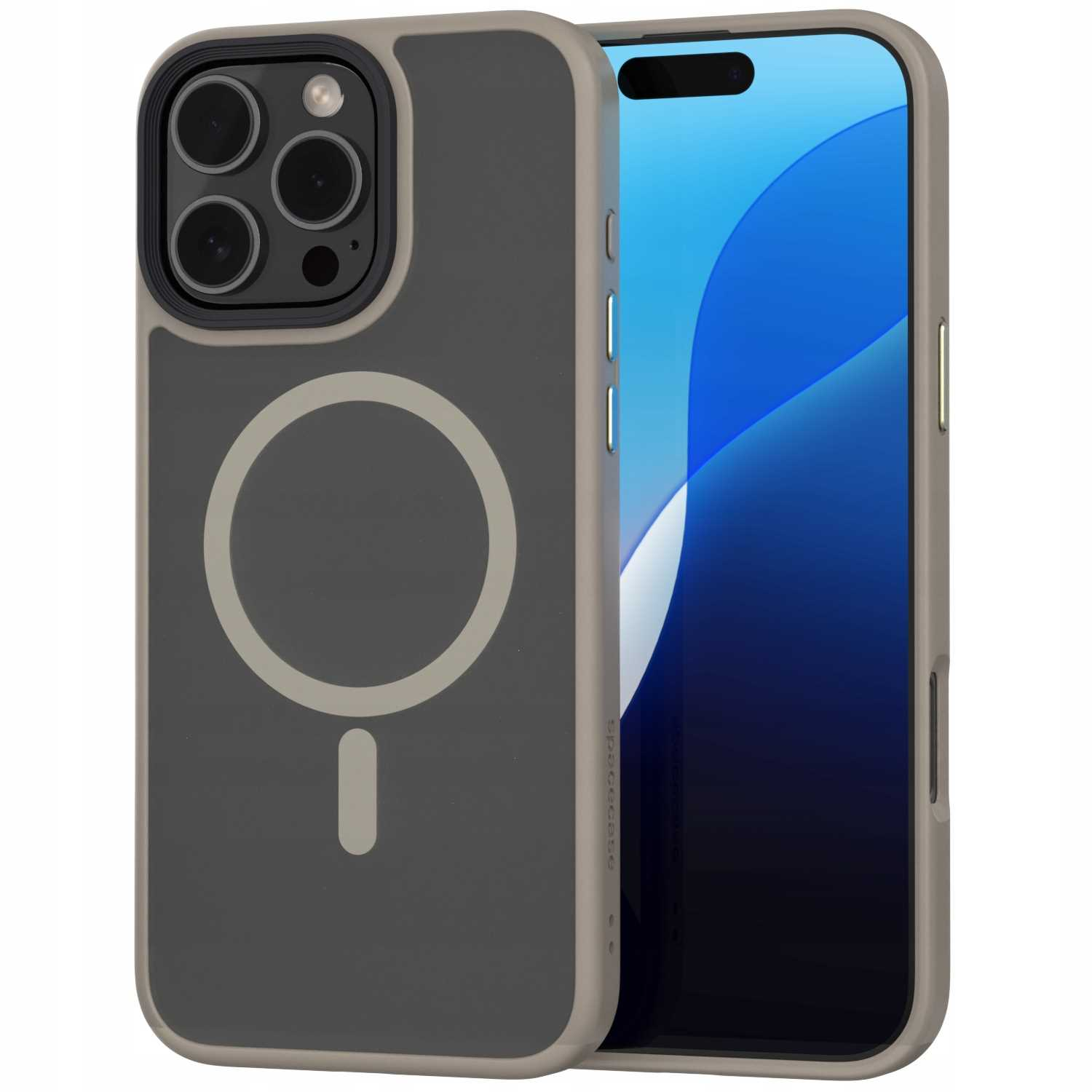 iPhone w etui w kolorach beżu i szarości, logo Apple i widoczny okrąg magnetyczny.