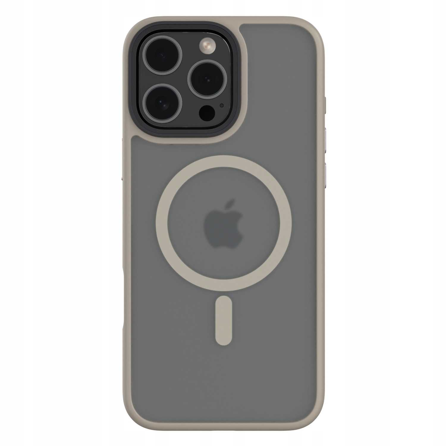 Etui na iPhone'a w kolorach szarym i beżowym, logo Apple i magnetyczny okrąg.