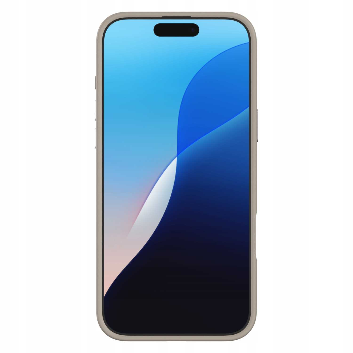 iPhone w beżowym etui, pokazujący ekran i wcięcie. Ekran wyświetla niebieski gradient.