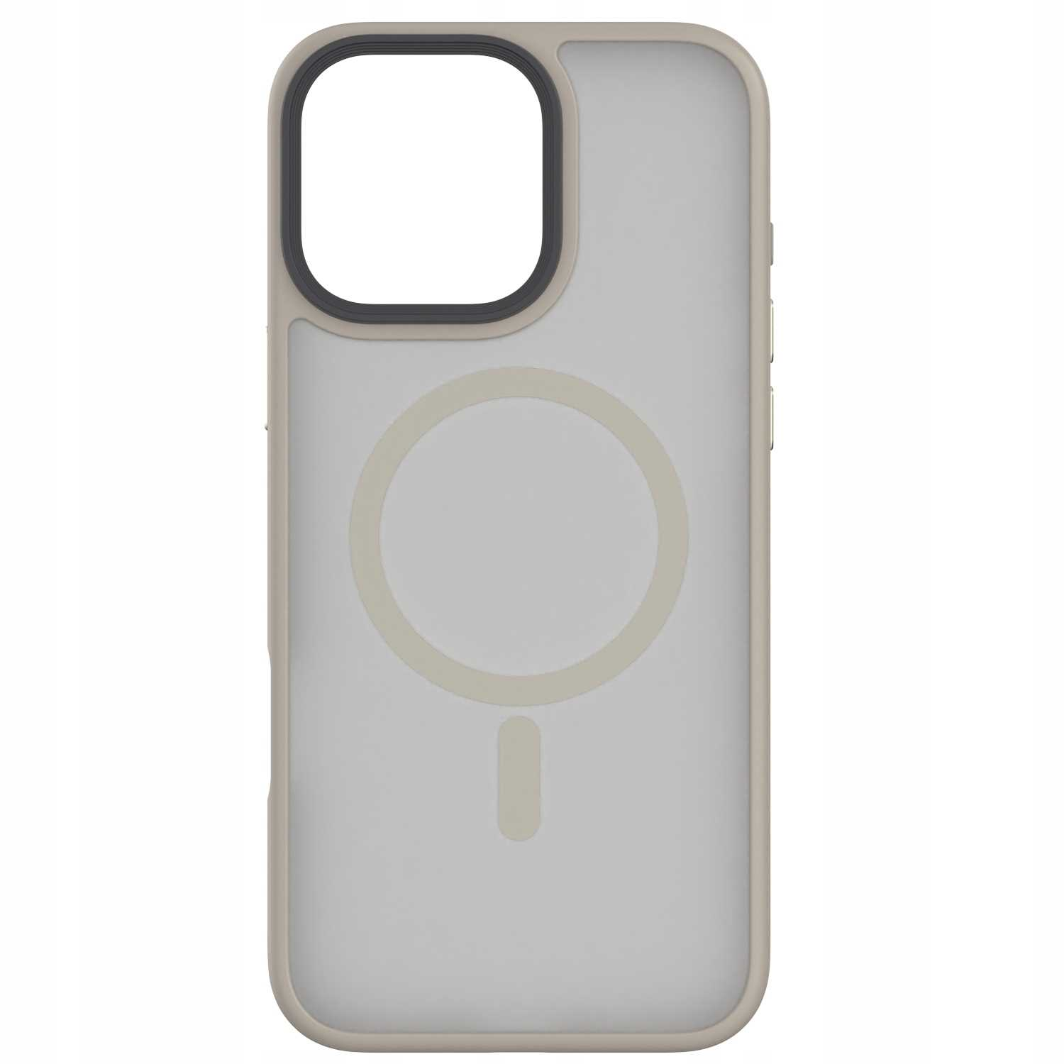Etui na telefon, beżowe, z telefonem w środku, logo Apple i magnetycznym kółkiem. Etui ma przezroczysty design.