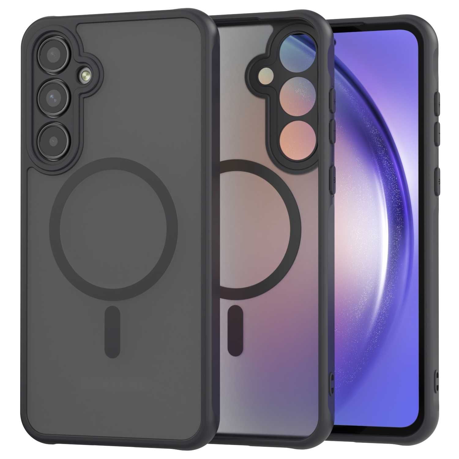 Trzy etui na telefon, czarne i szare, z wycięciami na aparat i okrągłym designem magsafe. Telefony w środku.