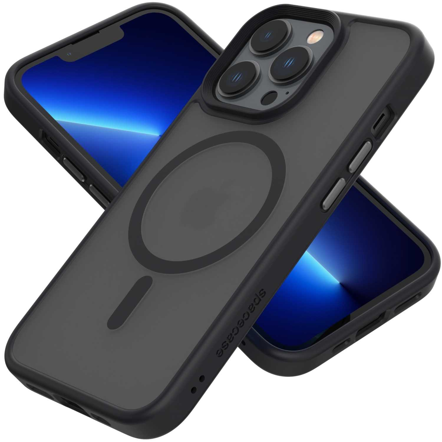 Czarne etui na telefon z telefonem w środku. Telefon wyświetla niebieskie gradientowe tło, etui są czarne.