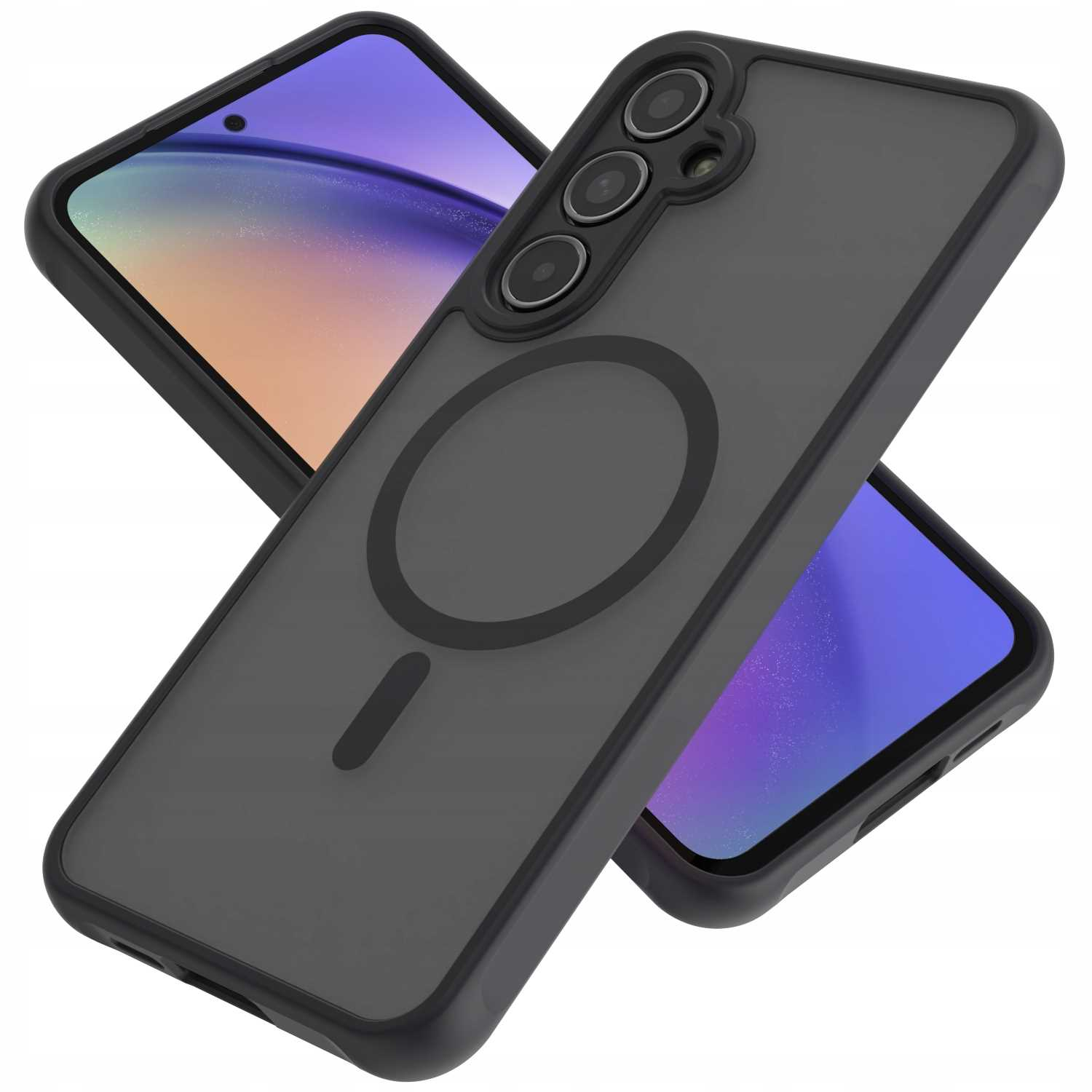 Dwa telefony z czarnymi etui, szarym designem magsafe. Jeden ma widoczny ekran. Czarne etui na górze.