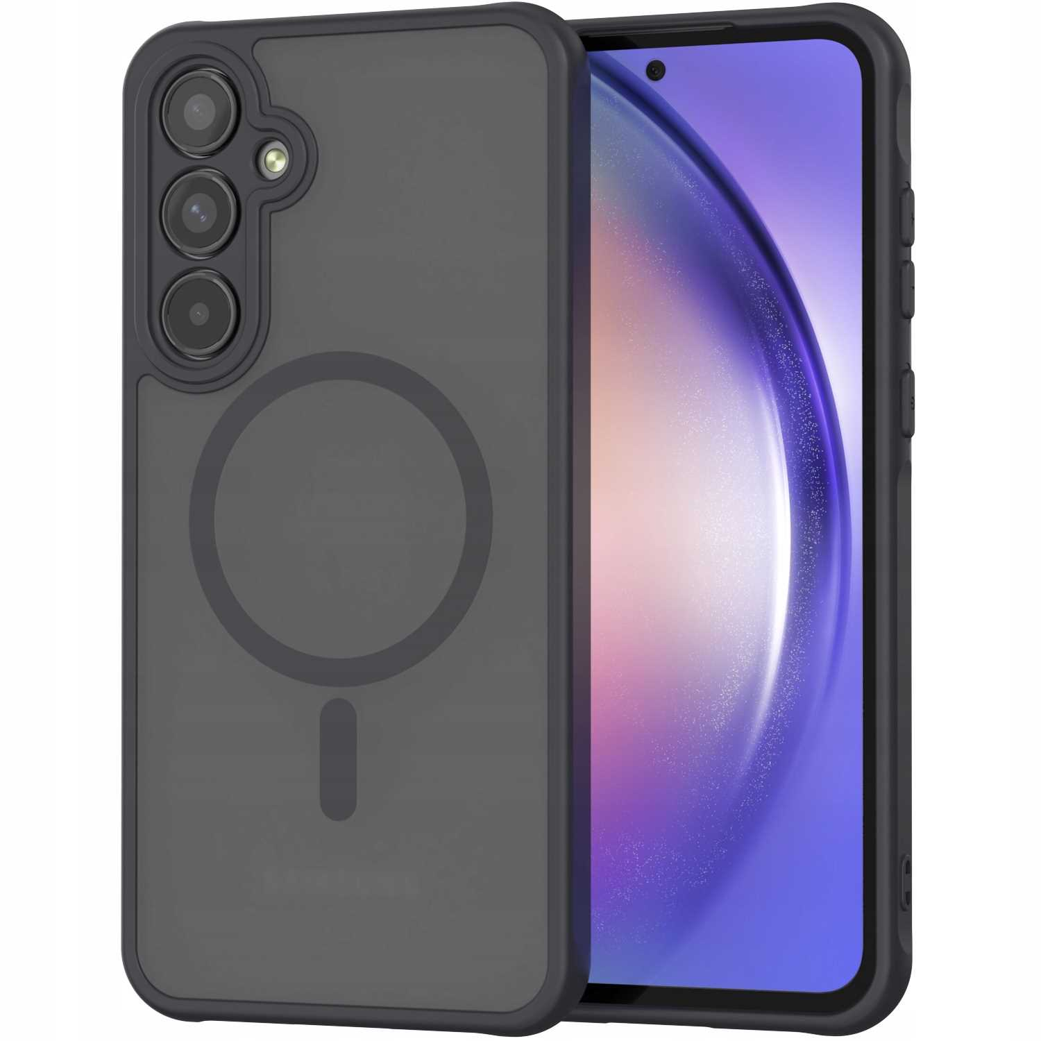 Ciemnoszare etui na telefon z magnetycznym okręgiem i widocznym telefonem jest pokazane.