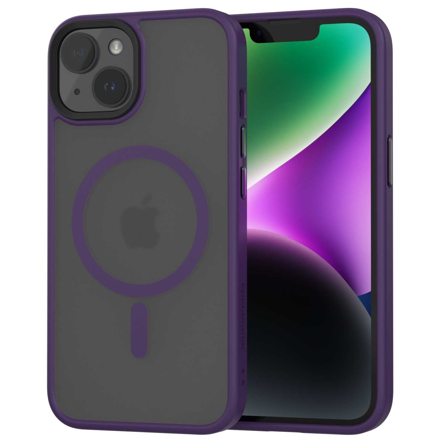 Fioletowe etui na telefon z telefonem w środku. Telefon pokazuje logo Apple i fioletowo-żółty gradient.