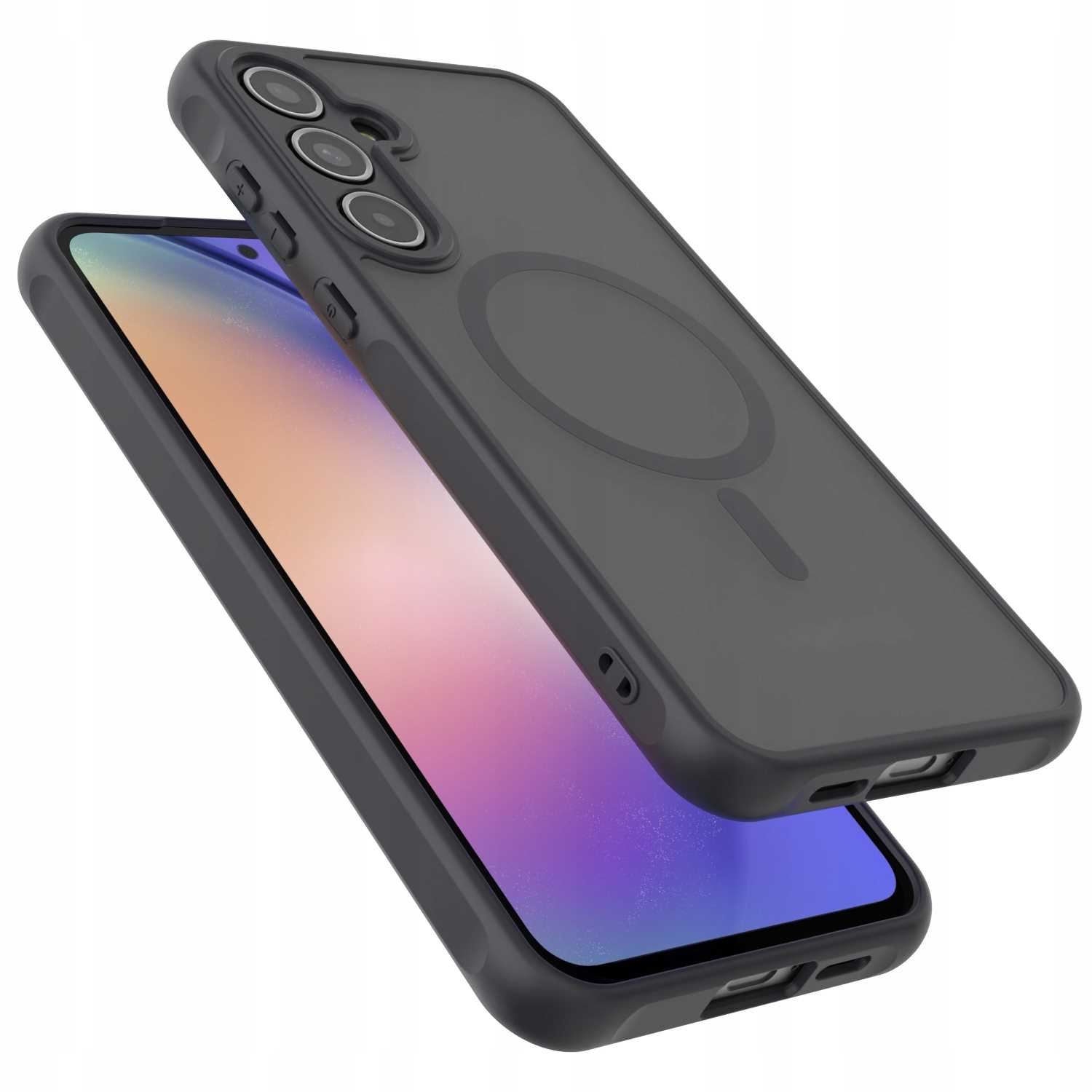 Dwa etui na telefon, czarne i szare, z wycięciami na aparat i okrągłym designem magsafe. Telefony w środku.