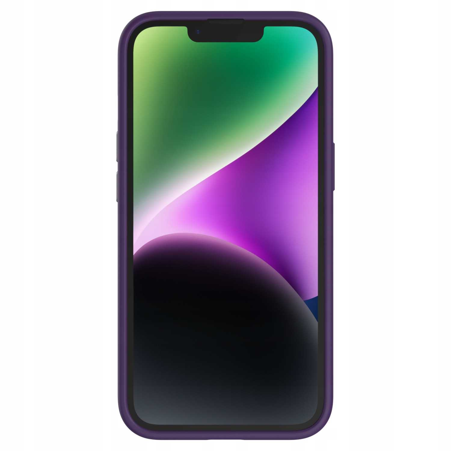 Telefon w fioletowym etui. Ekran wyświetla kolorowy wzór z fioletowymi, zielonymi i czarnymi elementami.