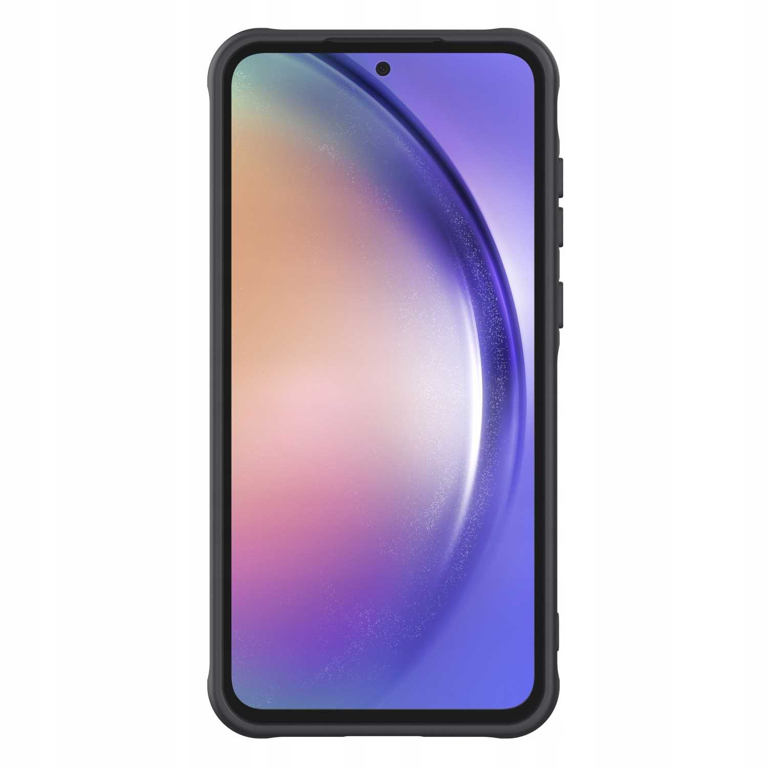 Czarny smartfon w czarnym etui. Ekran jest widoczny.