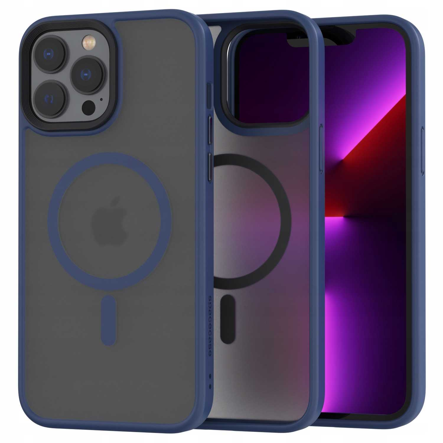 Trzy etui na telefon, jedno z telefonem. Logo Apple widoczne, z niebieską obwódką.