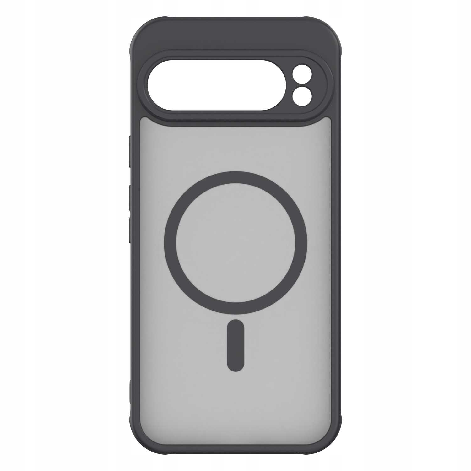 Czarne etui z telefonem w środku. Ma okrągły magnes i wycięcie na trzy soczewki.