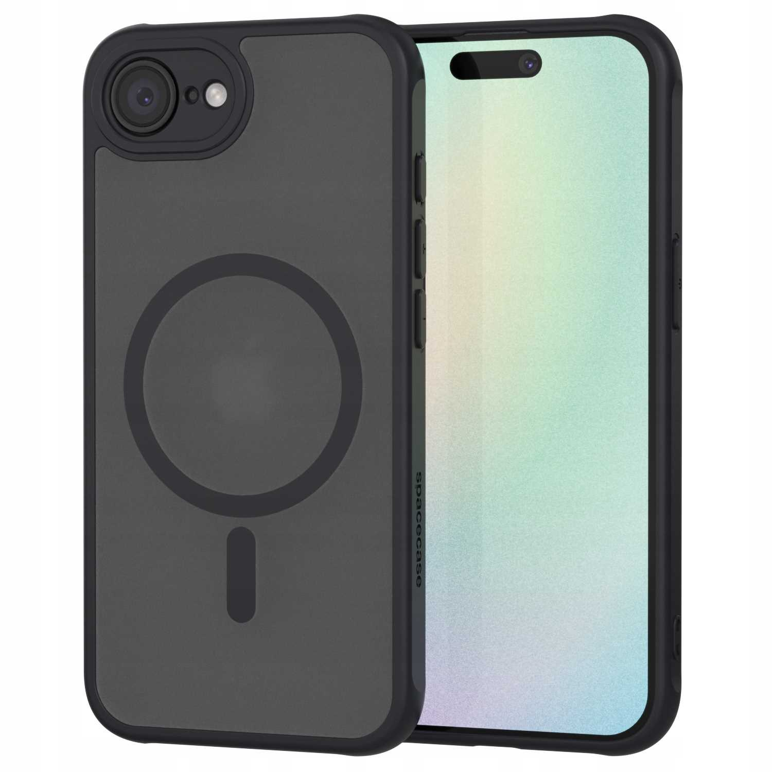 Czarne etui z telefonem w środku. Ma okrągły magnes i wycięcie na aparat.