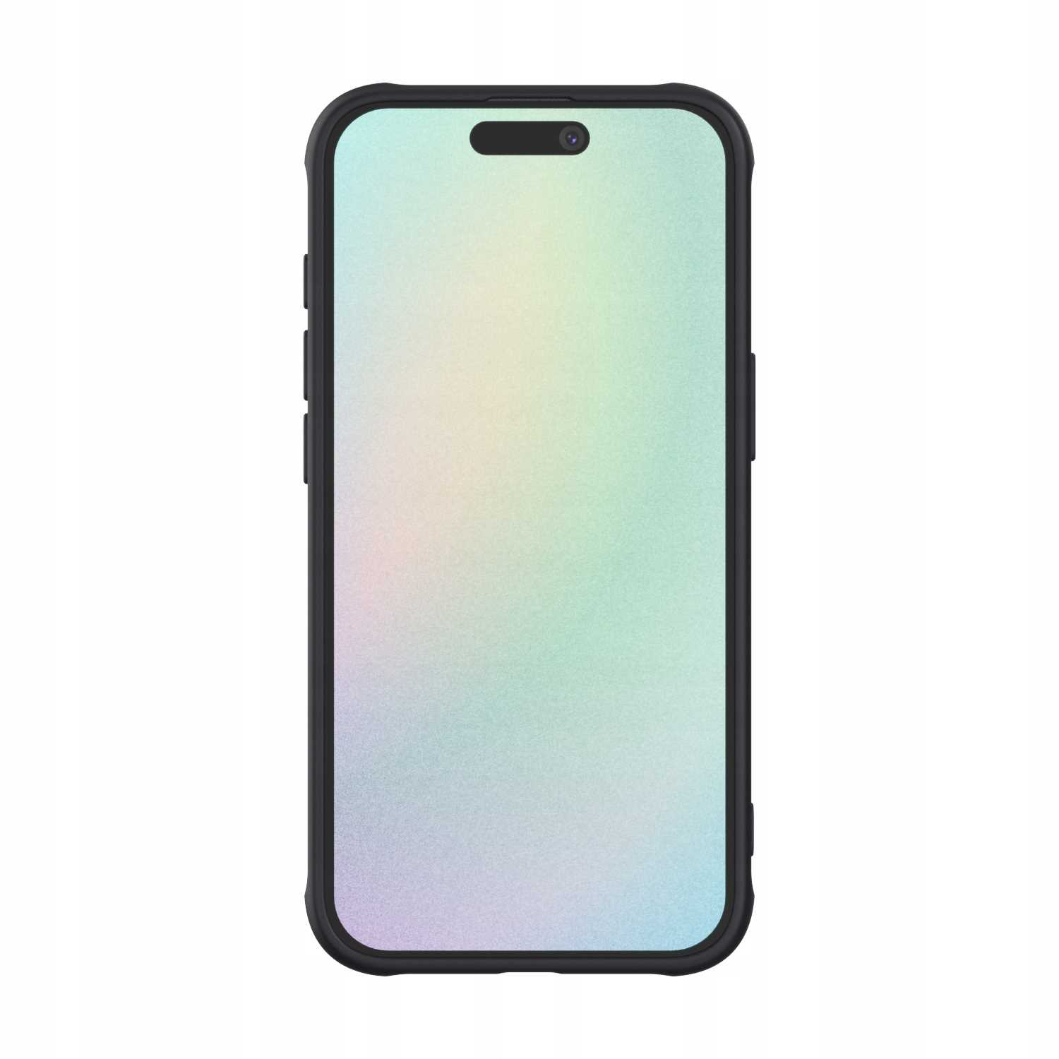 Telefon w czarnym etui. Pełny ekran i kolorowe, teksturowane tło.