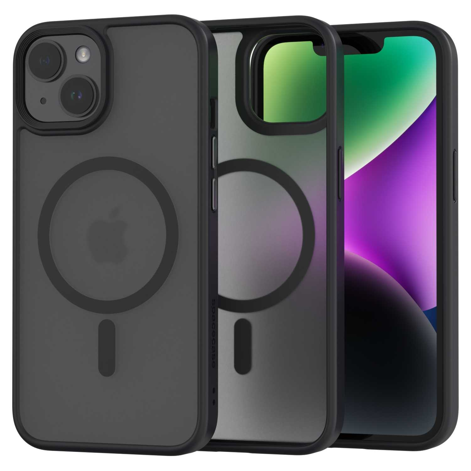 Trzy czarne etui na telefony o różnych wzorach. Jedno pokazuje tył, drugie ekran, a trzecie przezroczyste etui.