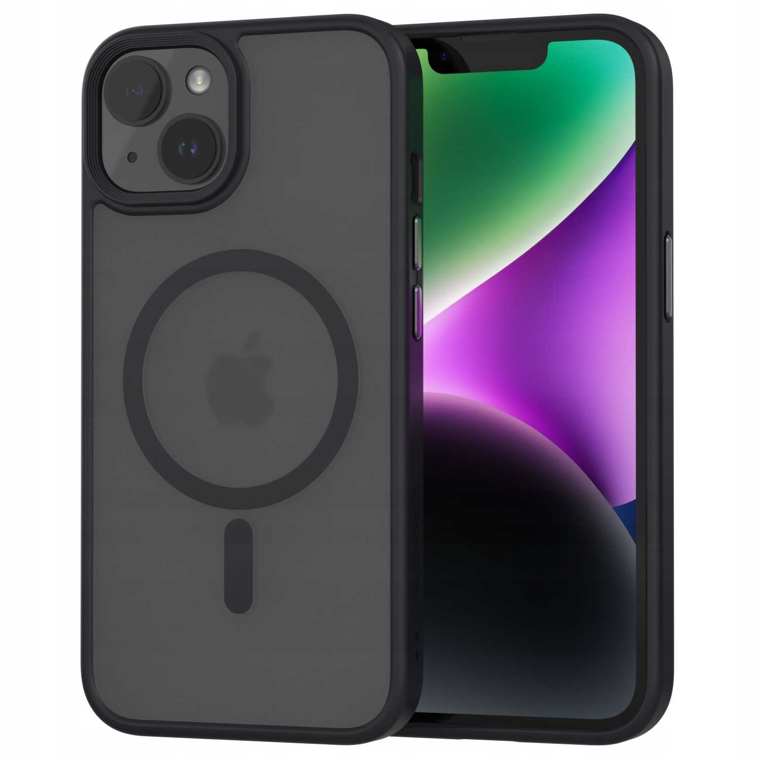 Czarne etui na telefon z telefonem w środku, ekran telefonu pokazuje zielony, fioletowy i żółty wzór.