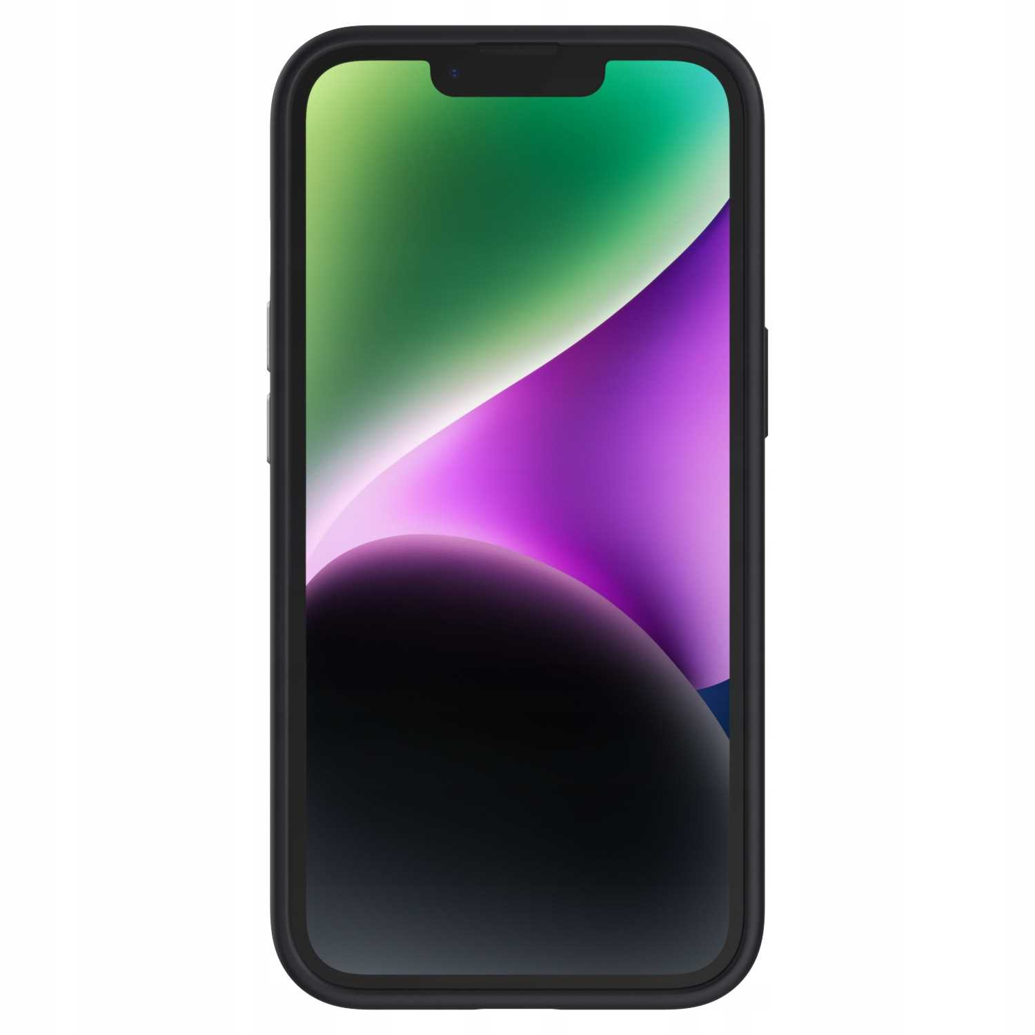 Czarny iPhone z czarnym etui, pokazujący pełny ekran z fioletowo-czarnym gradientem.