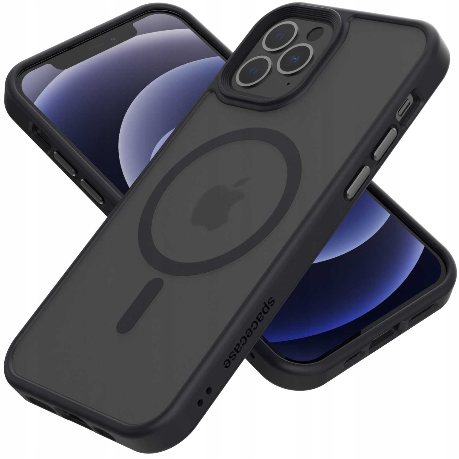 Dwa czarne etui na iPhone'a, jedno pod kątem, pokazujące iPhone'a. Etui pod kątem pokazuje magnetyczny okrąg i logo Apple.