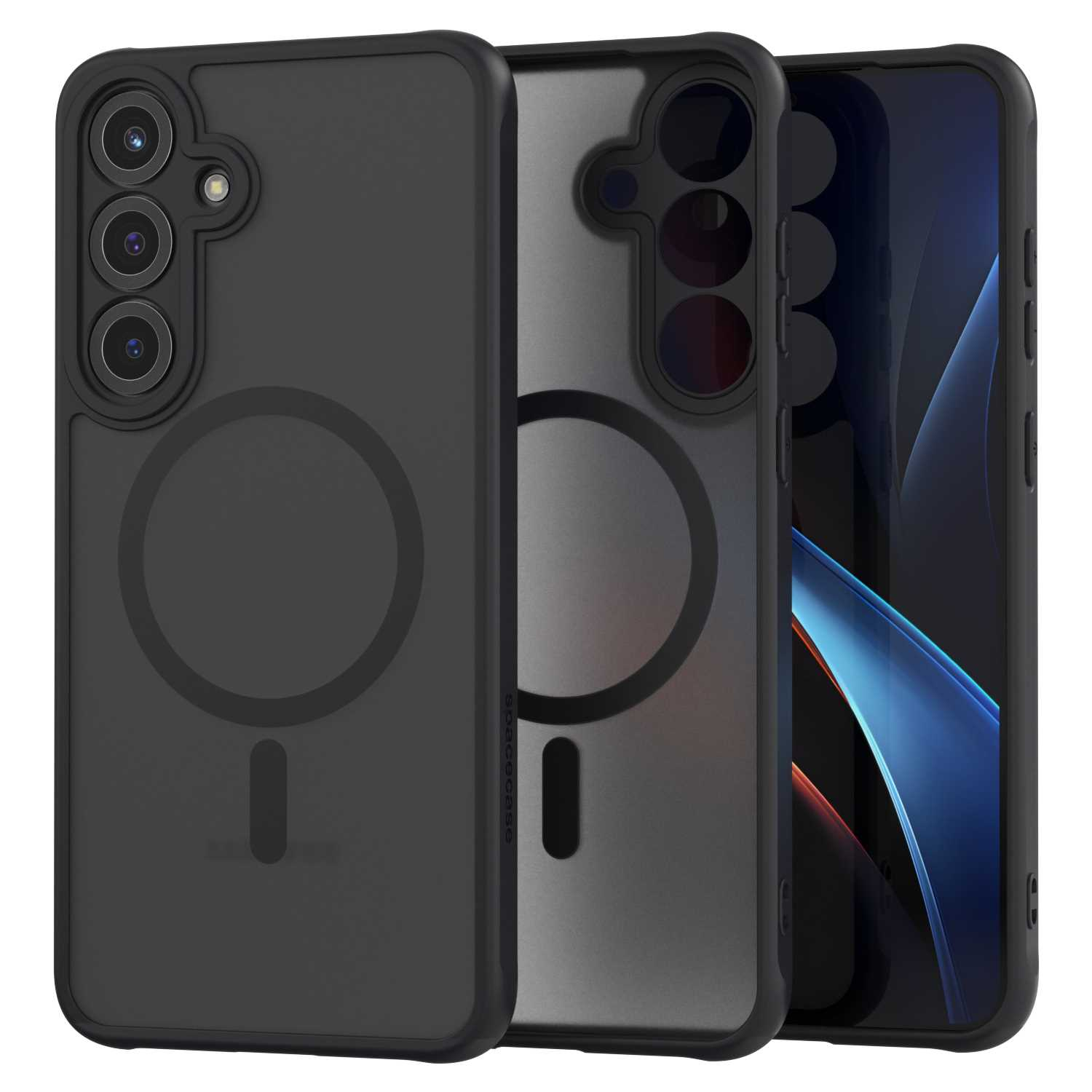 Dwa widoki czarnego etui na telefon z telefonem w środku. Logo Spacecase jest widoczne.