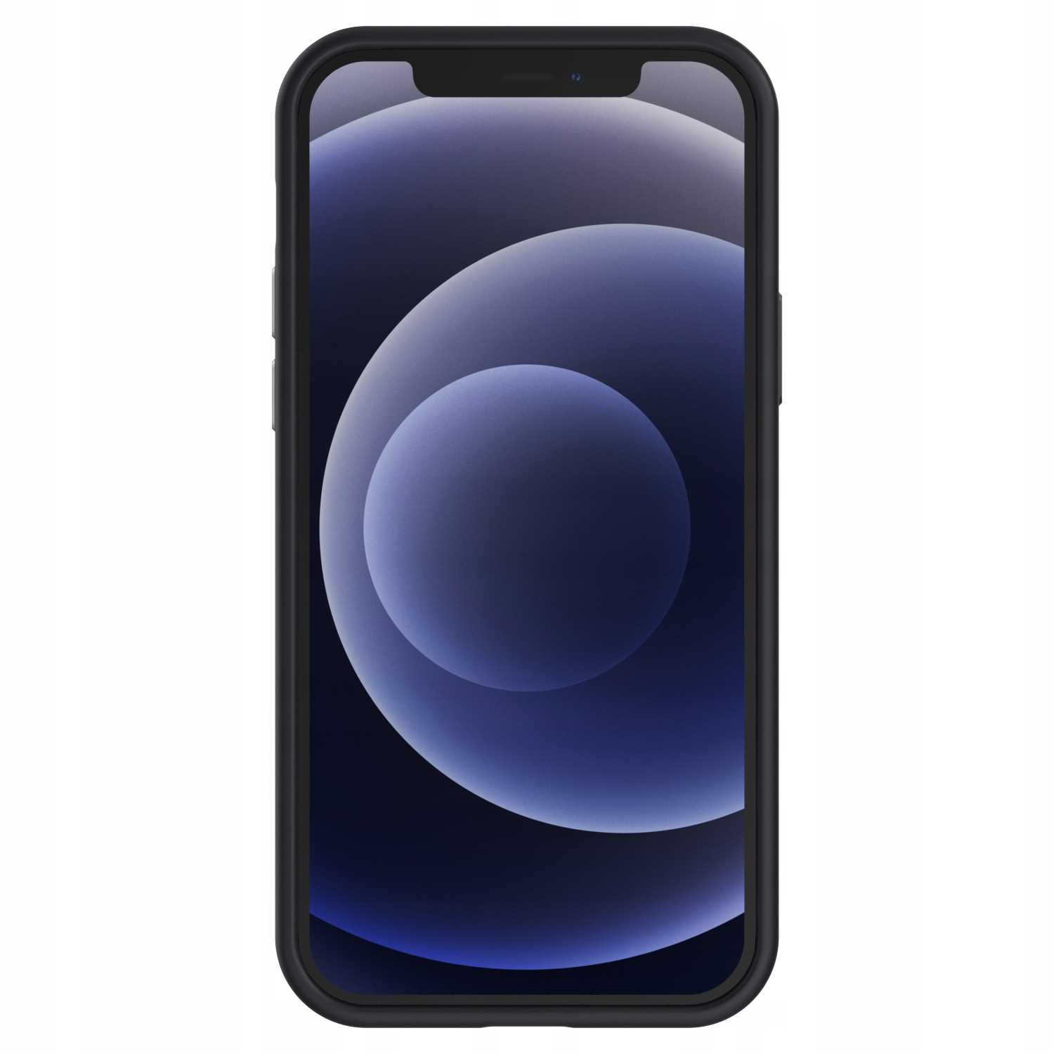 Czarny telefon z ciemnoniebieskim i białym abstrakcyjnym wzorem na ekranie.