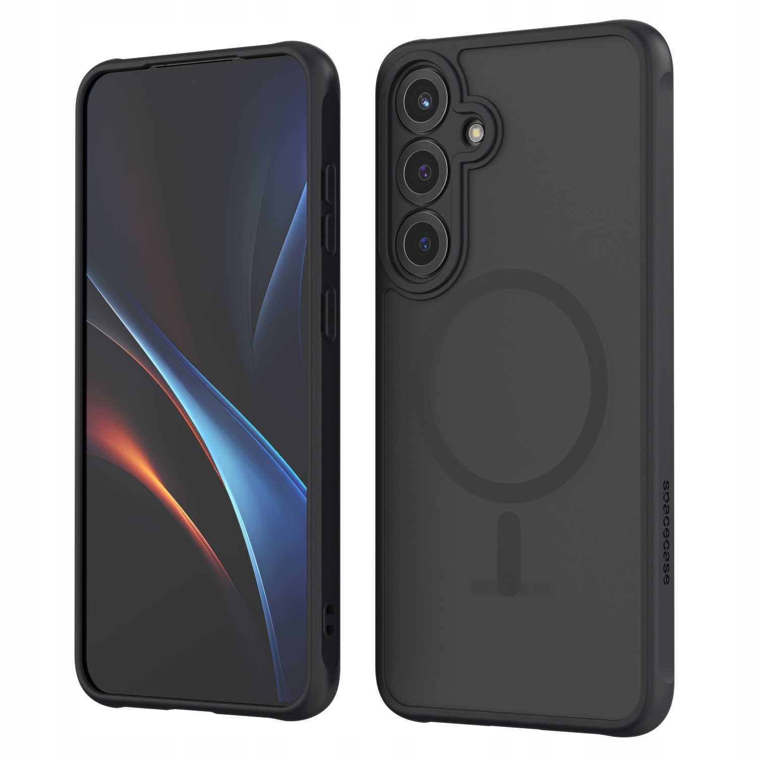 Dwa widoki czarnego etui na telefon z telefonem w środku. Logo Spacecase jest widoczne z boku.