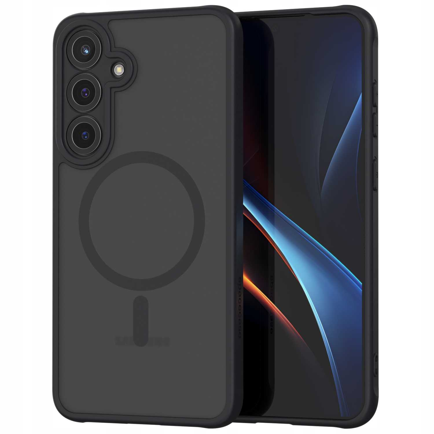 Dwa czarne etui na telefon z telefonem w środku. Jedno pokazuje magnetyczny okrąg z tyłu.