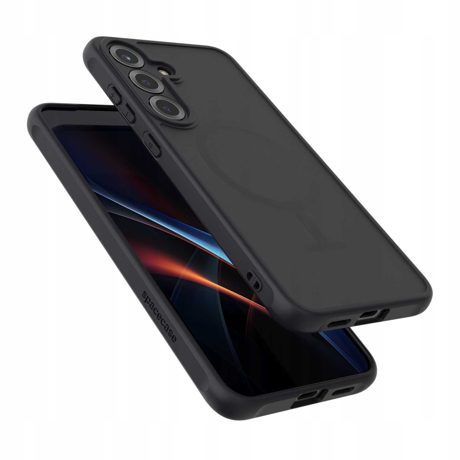 Czarny telefon i etui. Telefon jest w etui. Tło jest białe.