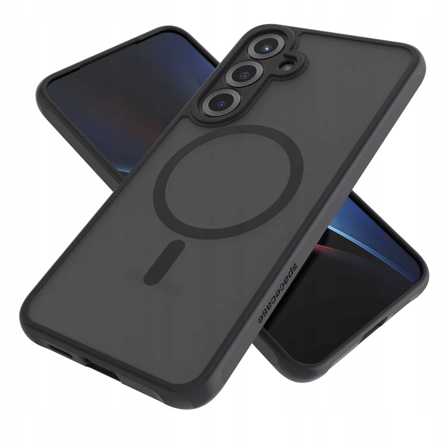 Dwa czarne etui na telefon, jedno pod kątem, pokazujące telefon. Etui pokazuje magnetyczny okrąg i logo Spacecase.