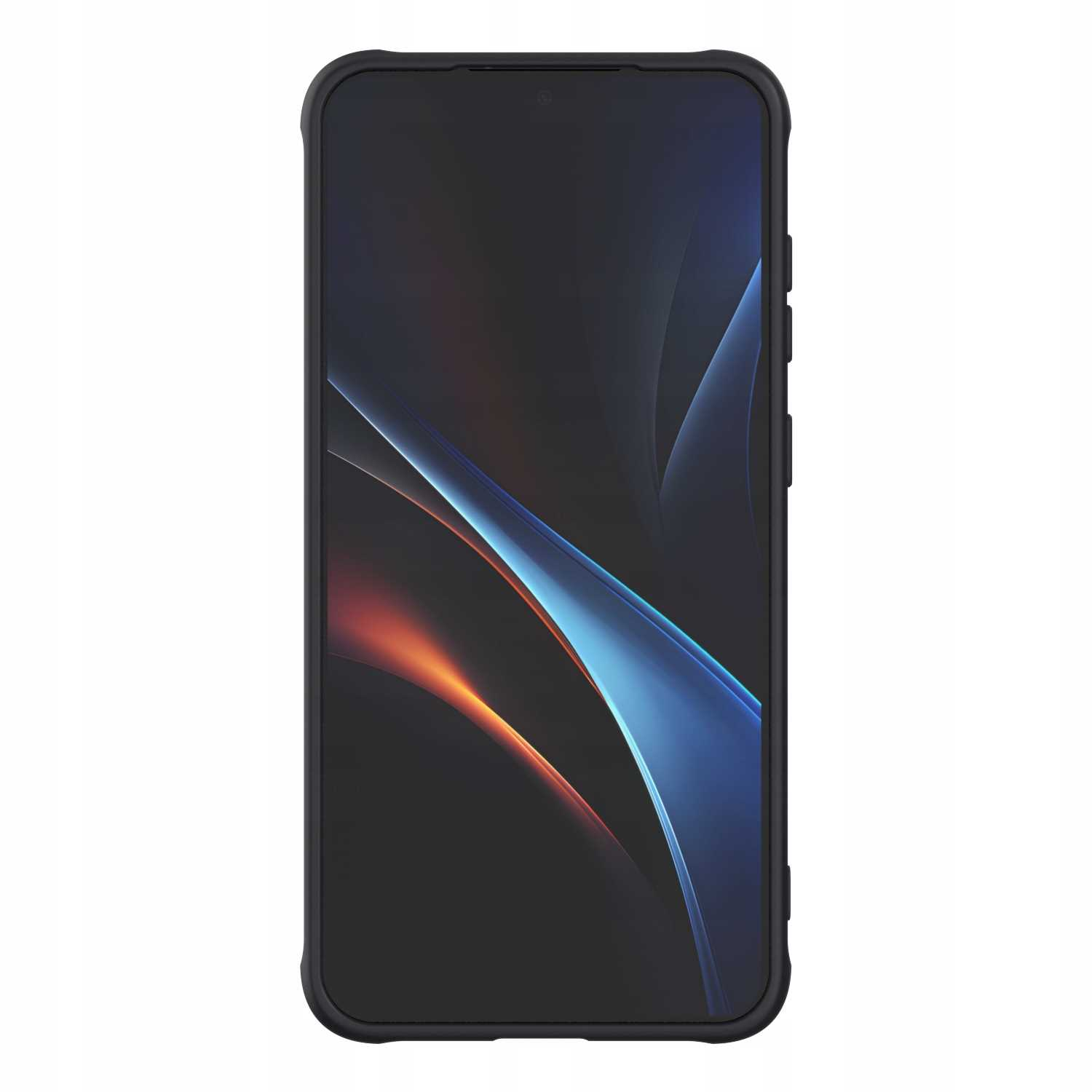 Czarny telefon z kolorowym ekranem. Ekran ma kolory niebieski i pomarańczowy.