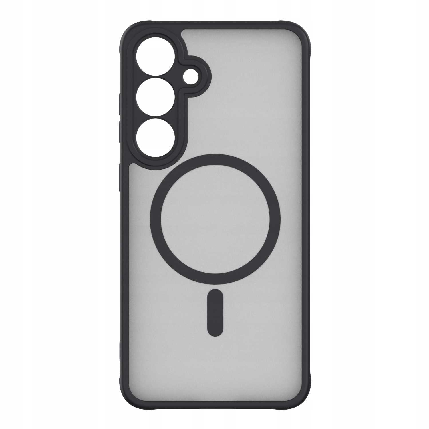 Szare etui na telefon z czarną obwódką. Etui ma trzy okręgi i znak minus.