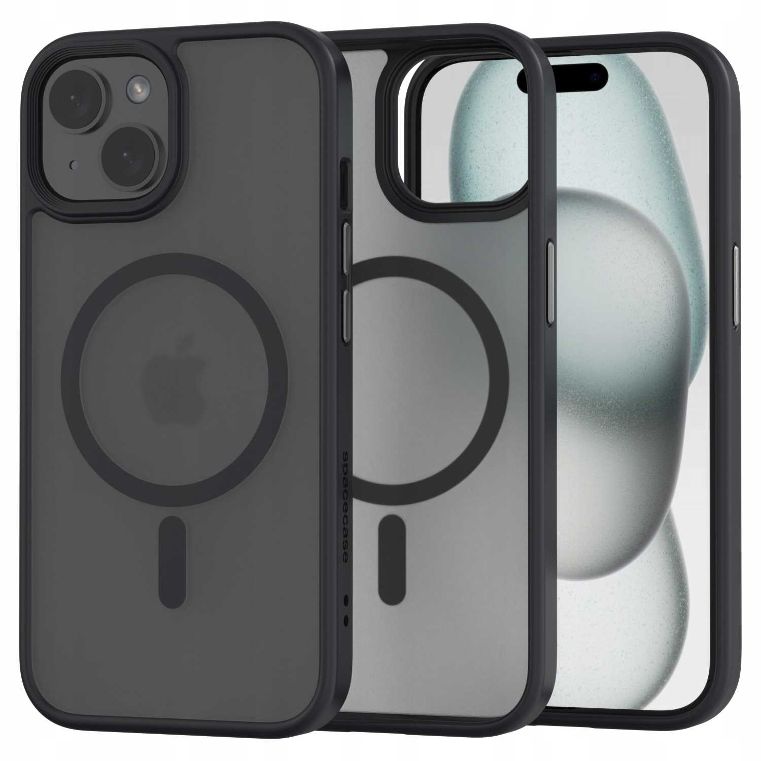 Ciemnoszara obudowa telefonu z telefonem w środku. Widoczne logo Apple. Czarna ramka i obszar aparatu. Logo Spacecase.